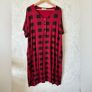 Nesting Olive womens red black buffalo plaid over sized lounge midi dress L/XL